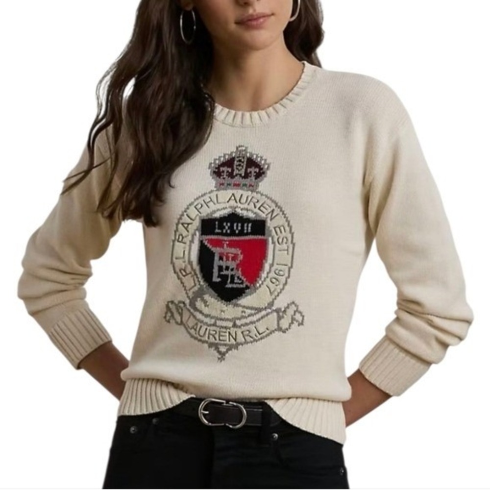 Lauren‎ Ralph Lauren Cream Intarsia-Knit Crest Cotton Sweater Plus Size XL NEW